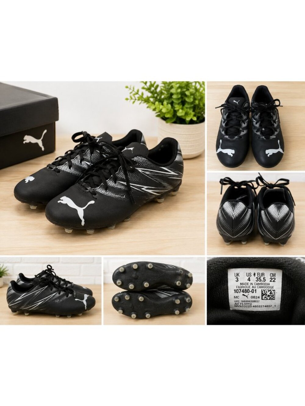 PUMA Youth Soccer Cleats Black White Firm Ground 107480-01 US Size 4 EU 35.5